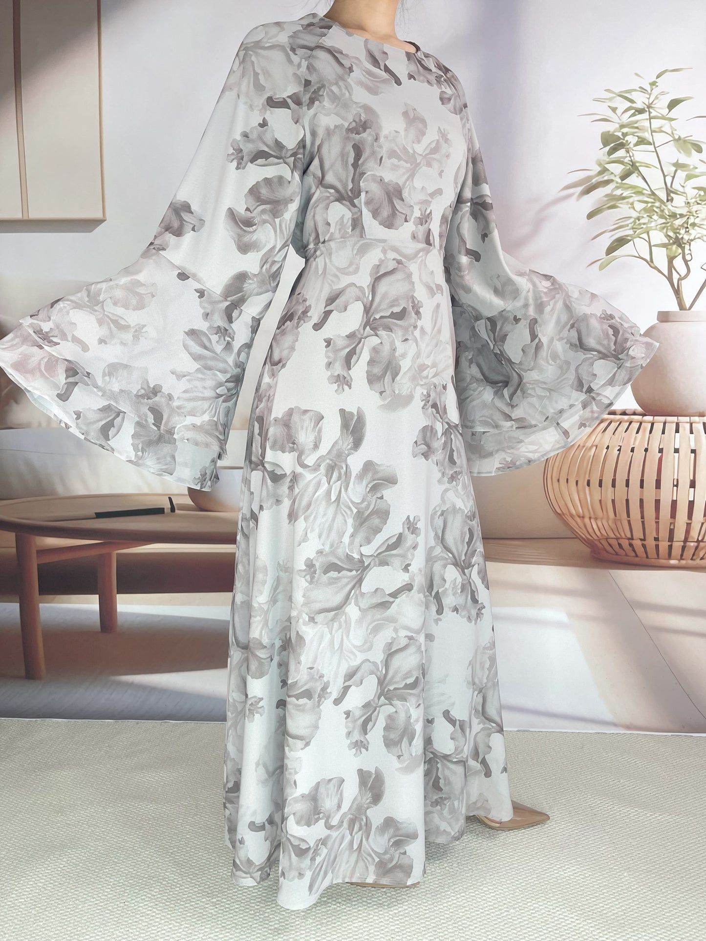 Pringbud Ramadan kebaya Muslim women's chiffon print flared sleeve dress MSL8266