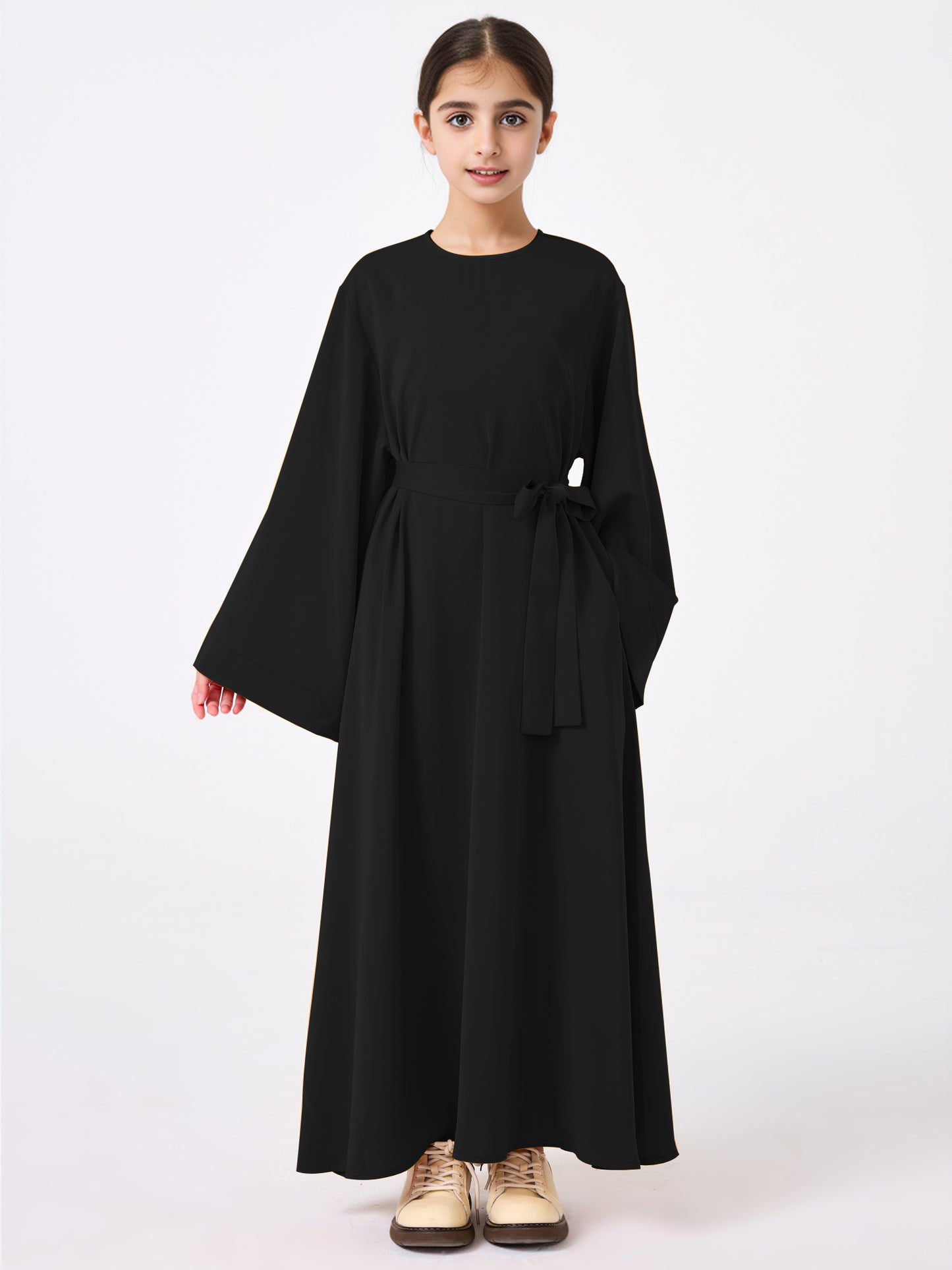 Ramadan Middle Eastern Muslim Girls Solid Color Flared Sleeve Base Abaya with Belt MSL999