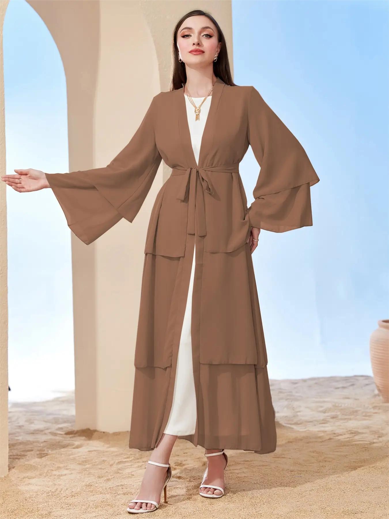 Ramadan kebaya Layered Open Front Abaya, Long Sleeve Dress With Belted , Without Hijab, Women's Clothing MSL1