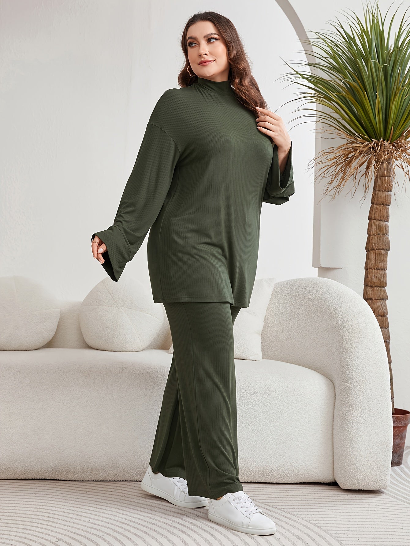 Ramadan baju raya Solid Color baju kurung moden Two-piece Set, Casual Long Sleeve Mock Neck Top & Wide Leg Pants Outfits, Women's Clothing MSL107