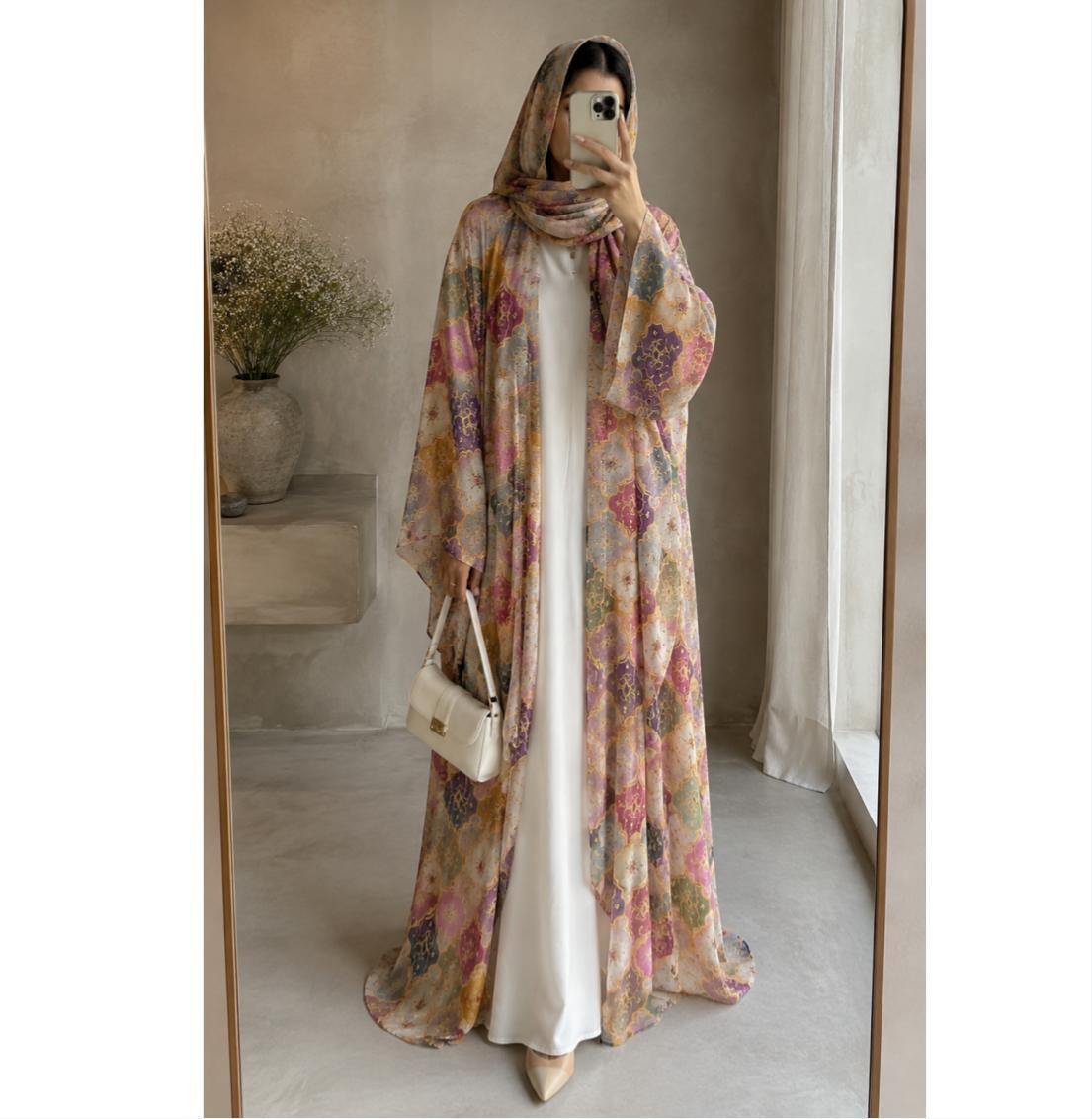 Two-piece Silky Cotton Abaya Cardigan and Hijab Set wholesale abaya manufacturer ABD-11000037936540