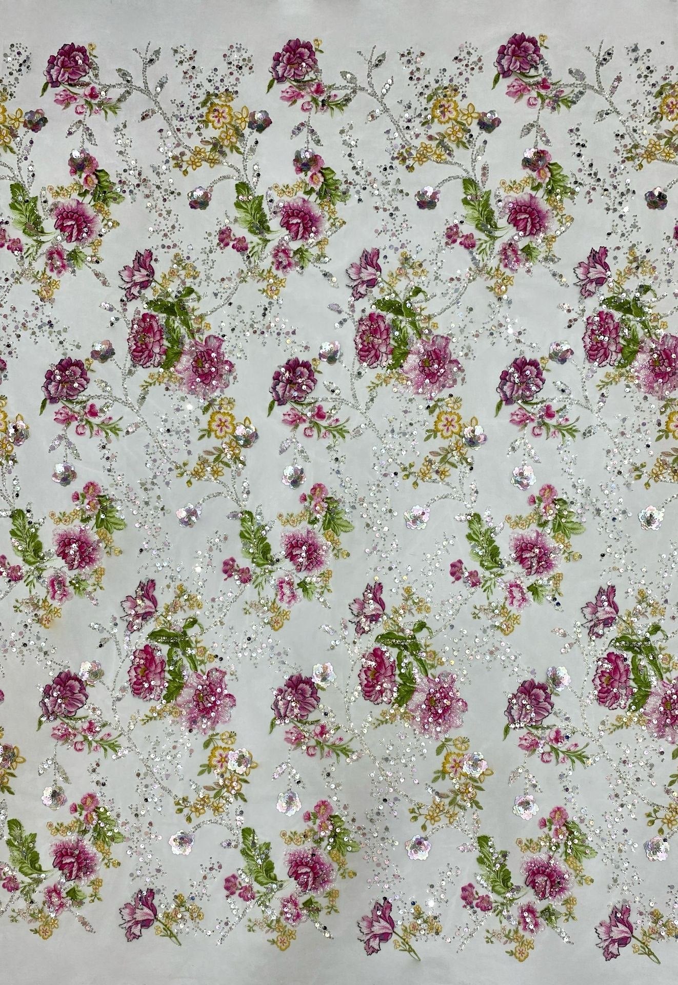 Floral sequin embroidered mesh fabric for custom luxury dress manufacturing