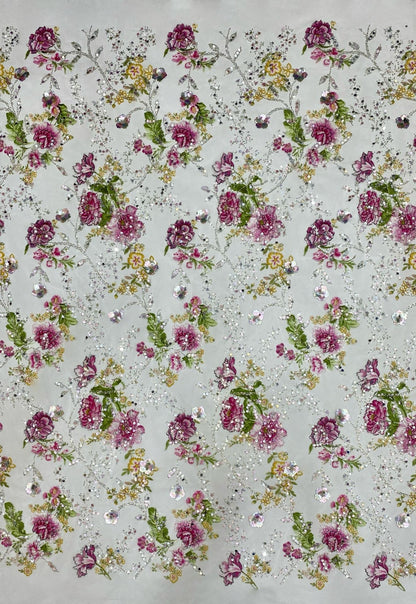 Floral sequin embroidered mesh fabric for custom luxury dress manufacturing