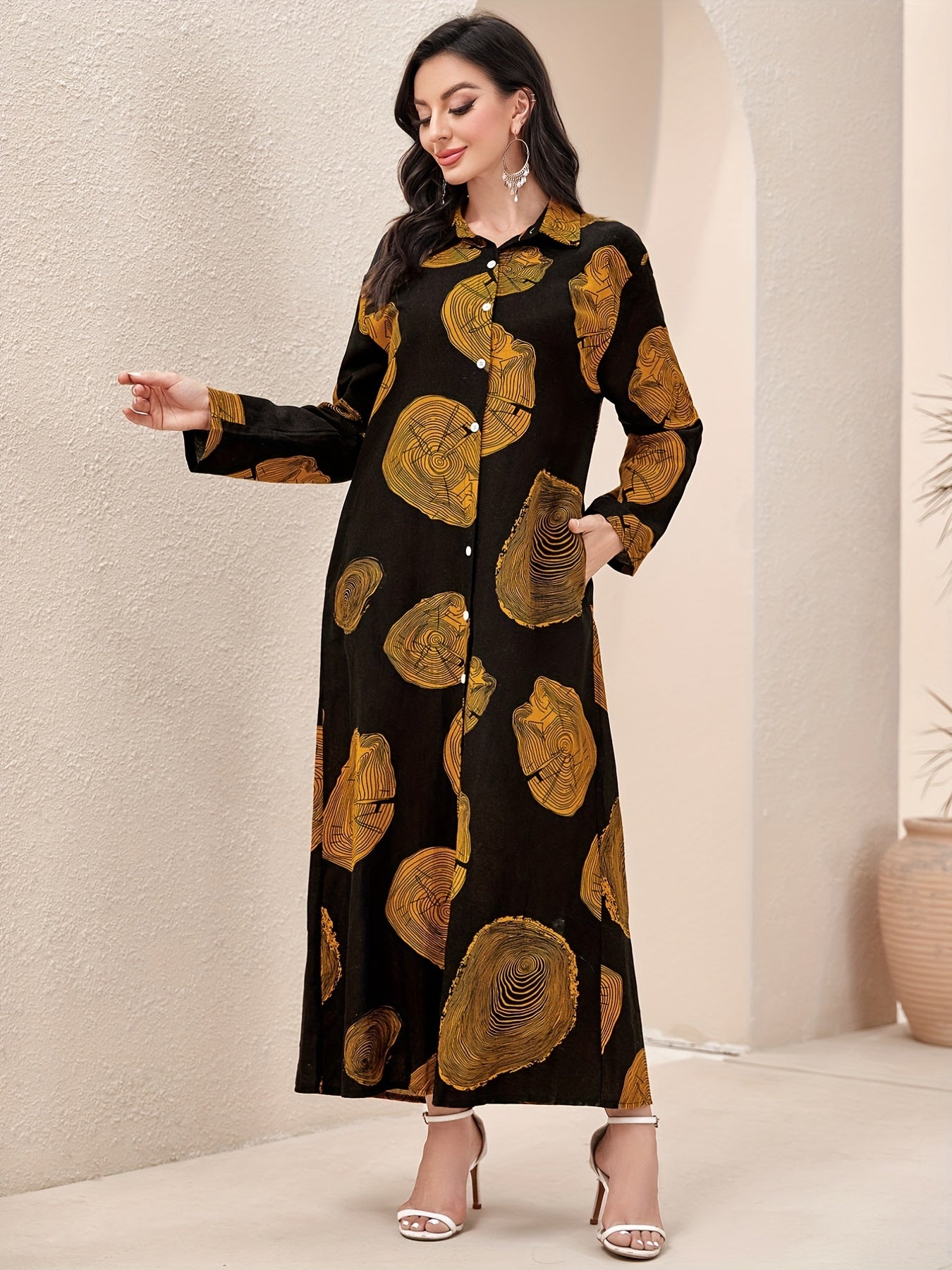 baju raya Graphic Print Button Front baju kurung Kaftan Dress, Elegant Long Sleeve Maxi Length Dress, Women's Clothing MSL51