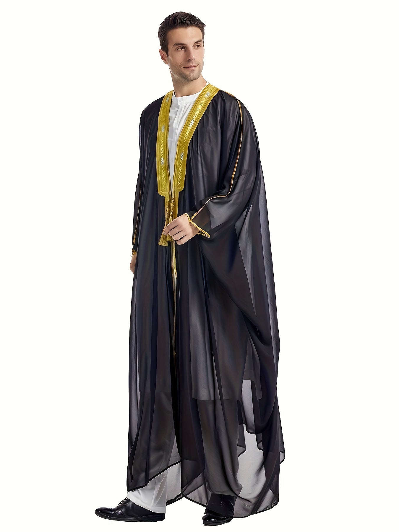 Ramadan Thobe Men's Embroidered Contrast Color Long-sleeved Cape Robe, Men's Abaya Burqa MSL162