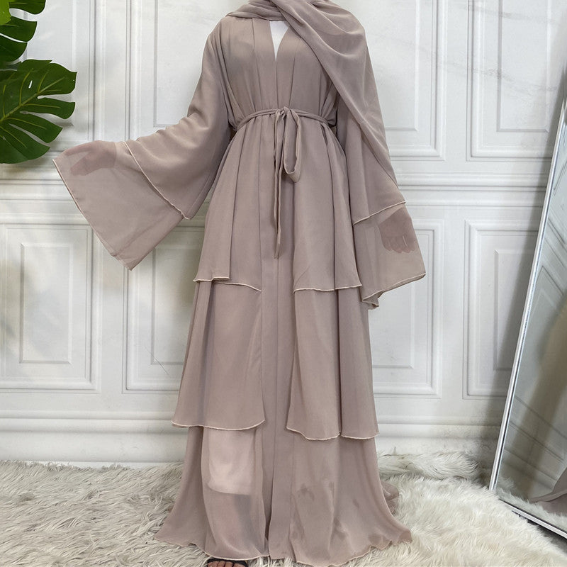 Ramadan kebaya Layered Open Front Abaya, Long Sleeve Dress With Belted , Without Hijab, Women's Clothing  MSL1