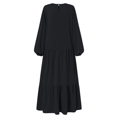 Ramadan Solid Ruffle Hem Abaya, Elegant Puff Sleeve Maxi Length Dress, Women's Clothing MSL28