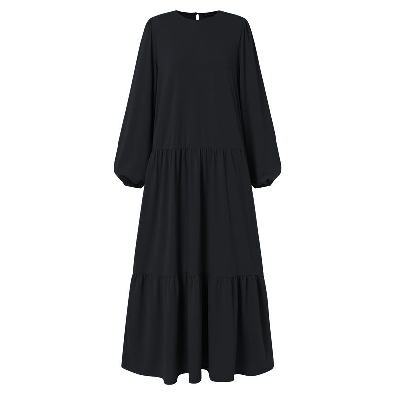 Ramadan Solid Ruffle Hem Abaya, Elegant Puff Sleeve Maxi Length Dress, Women's Clothing MSL28