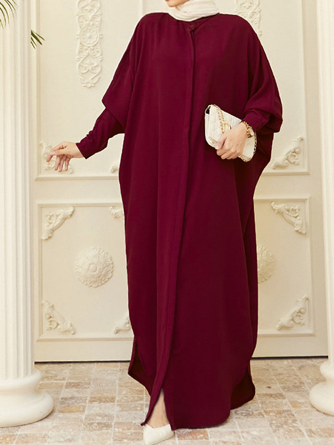 kebaya Ramadan Solid Batwing Sleeve Kaftan Abaya, Elegant Loose Split Maxi Length Dress, Women's Clothing