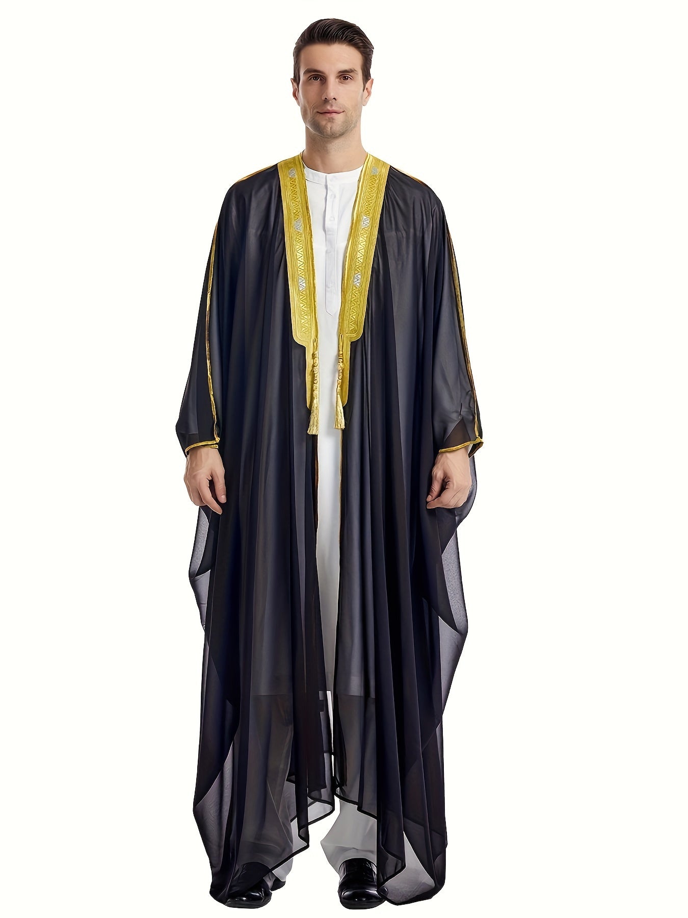 Ramadan Thobe Men's Embroidered Contrast Color Long-sleeved Cape Robe, Men's Abaya Burqa MSL162