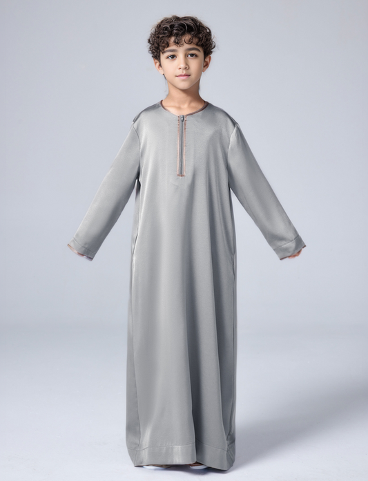 Ramadan Muslim Boys Satin Contrast Color Zipper Loose Thobe Robe MSL157