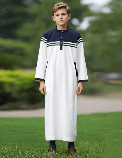 Ramadan Middle East Muslim Islam Kids Abaya Arab Dubai Türkiye Boys' Thobe Solid Color Contrast Button Stripe Junior Boys' Robe MSL140