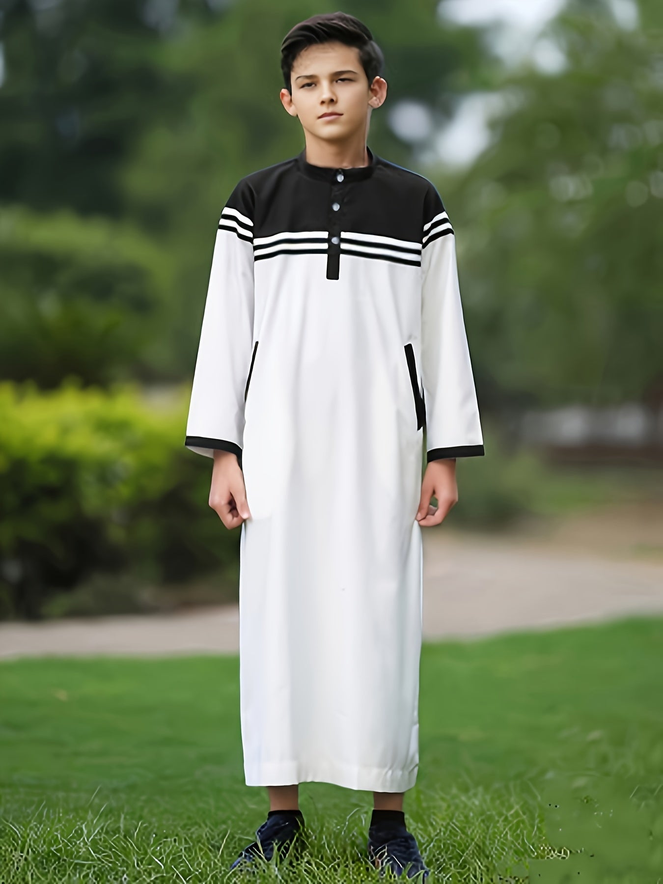 Ramadan Middle East Muslim Islam Kids Abaya Arab Dubai Türkiye Boys' Thobe Solid Color Contrast Button Stripe Junior Boys' Robe MSL140