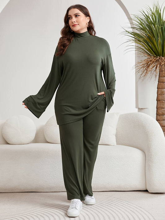 Ramadan baju raya Solid Color baju kurung moden Two-piece Set, Casual Long Sleeve Mock Neck Top & Wide Leg Pants Outfits, Women's Clothing MSL107