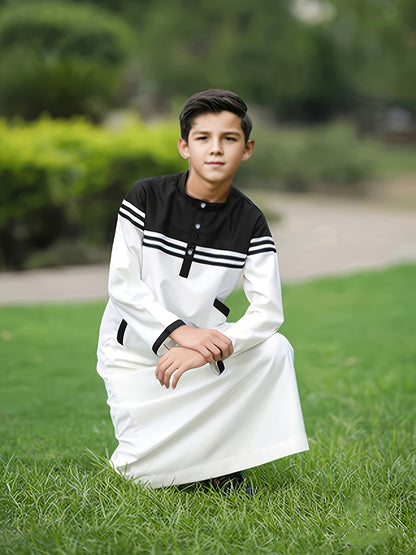 Ramadan Middle East Muslim Islam Kids Abaya Arab Dubai Türkiye Boys' Thobe Solid Color Contrast Button Stripe Junior Boys' Robe MSL140