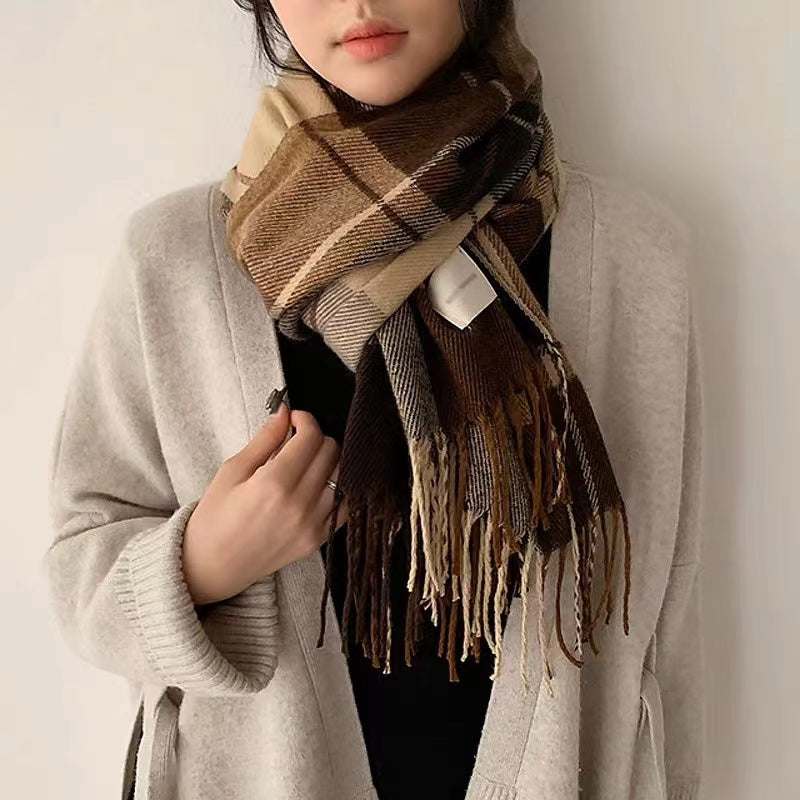 Women's scarf Autumn winter warm plaid bib fashion shawl fringe scarf