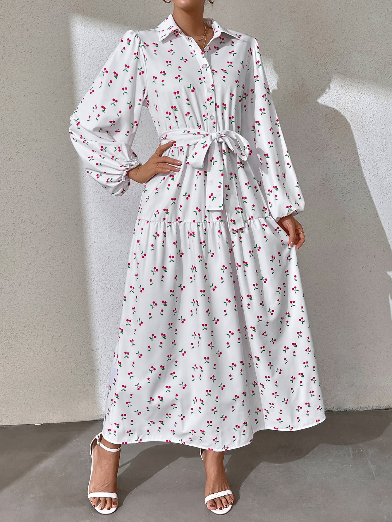 Ramadan Abaya Floral Print Button Front Dress, Casual Lantern Sleeve Dress For Spring & Fall, Women's Clothing Kebaya Kaftan MSL152