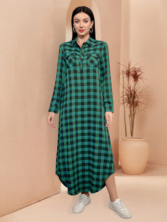 Ramadan Middle East Dubai Turkish Muslim women stand collar pocket plaid shirt neck dress abaya MSL189