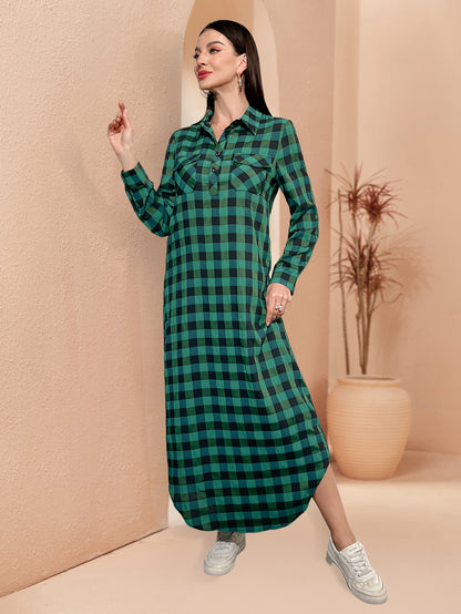 Ramadan Middle East Dubai Turkish Muslim women stand collar pocket plaid shirt neck dress abaya MSL189