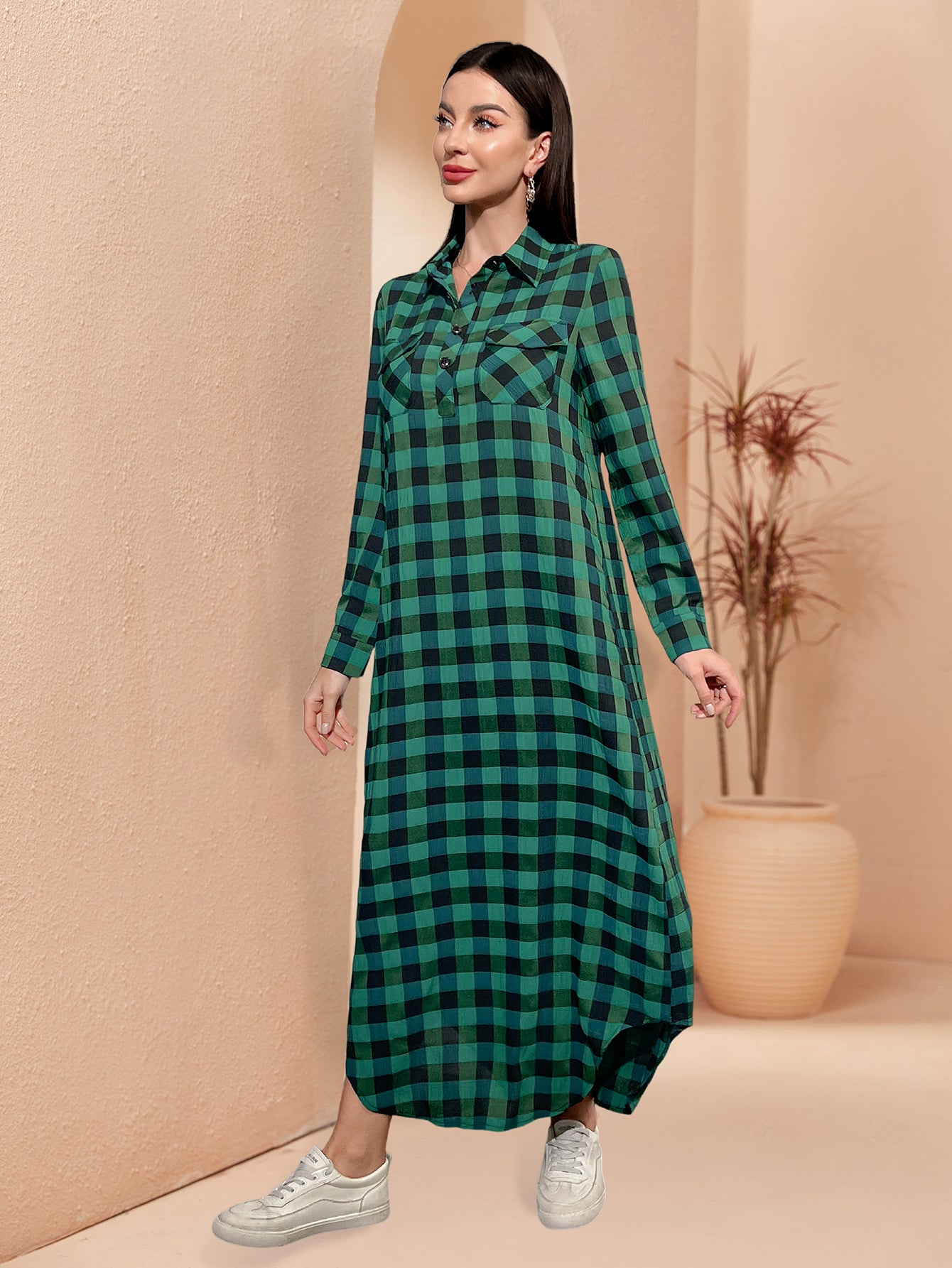 Ramadan Middle East Dubai Turkish Muslim women stand collar pocket plaid shirt neck dress abaya MSL189