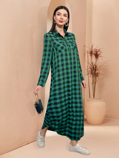 Ramadan Middle East Dubai Turkish Muslim women stand collar pocket plaid shirt neck dress abaya MSL189