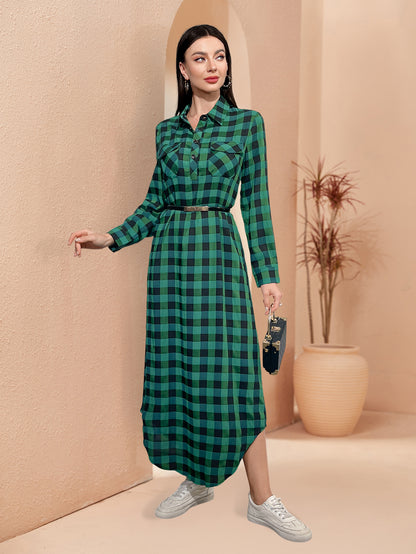 Ramadan Middle East Dubai Turkish Muslim women stand collar pocket plaid shirt neck dress abaya MSL189