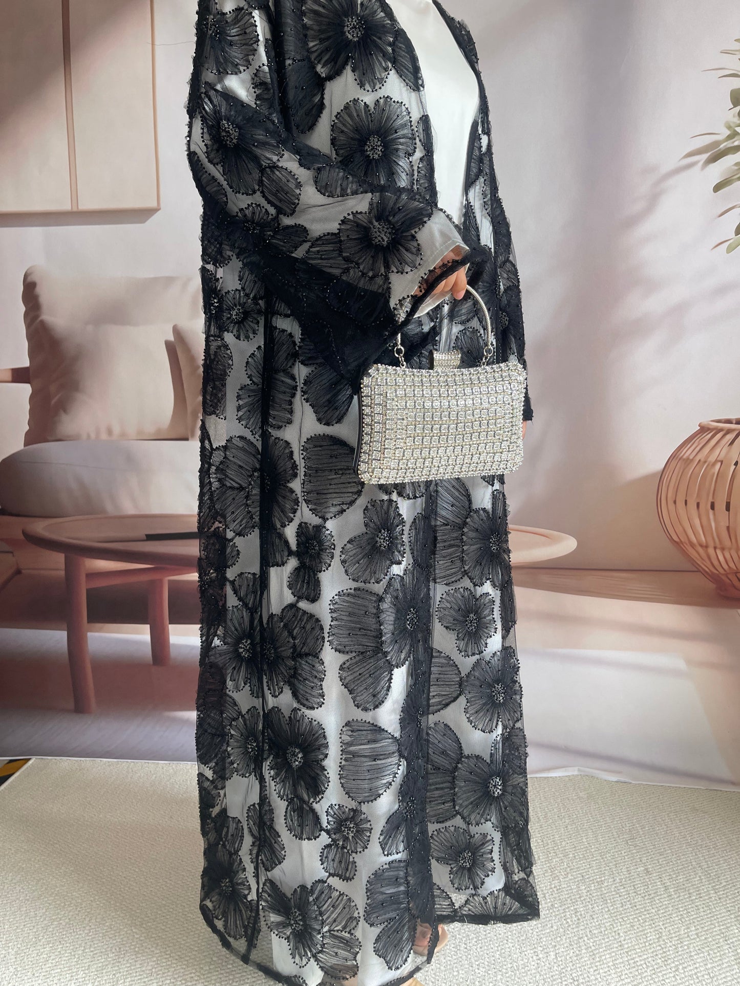 Wholesale Mesh Flower Bead Embroidered Open Abaya Set MSL881 - OEM ODM Modest Wear Factory