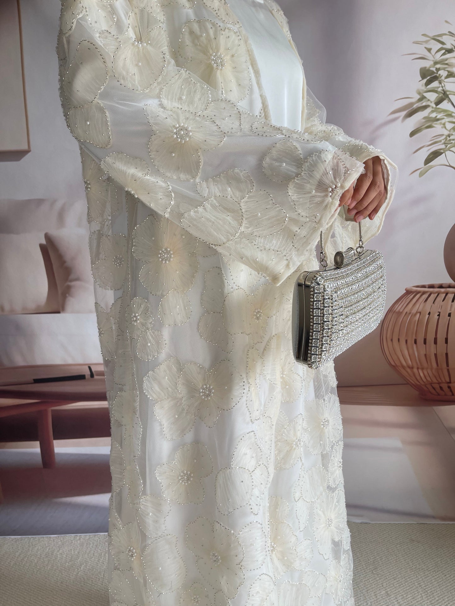 Wholesale Mesh Flower Bead Embroidered Open Abaya Set MSL881 - OEM ODM Modest Wear Factory
