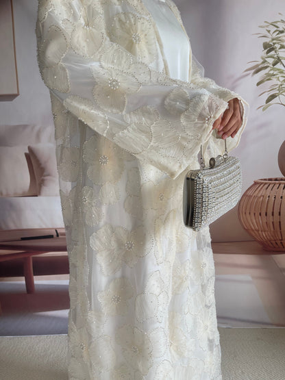 Wholesale Mesh Flower Bead Embroidered Open Abaya Set MSL881 - OEM ODM Modest Wear Factory