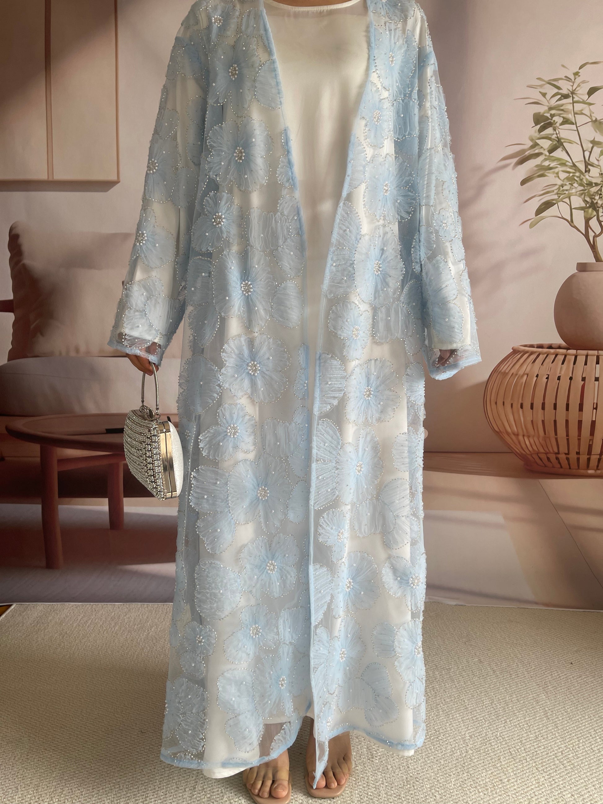 Wholesale Mesh Flower Bead Embroidered Open Abaya Set MSL881 - OEM ODM Modest Wear Factory