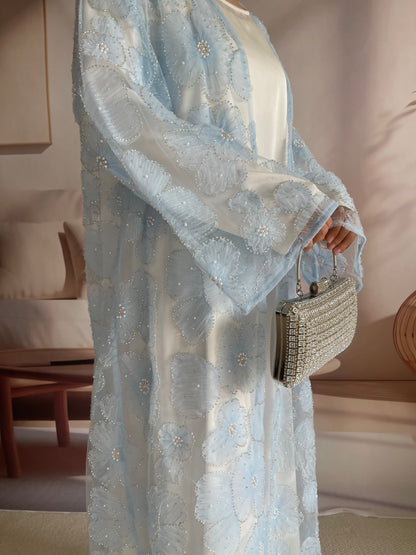 Wholesale Mesh Flower Bead Embroidered Open Abaya Set MSL881 - OEM ODM Modest Wear Factory