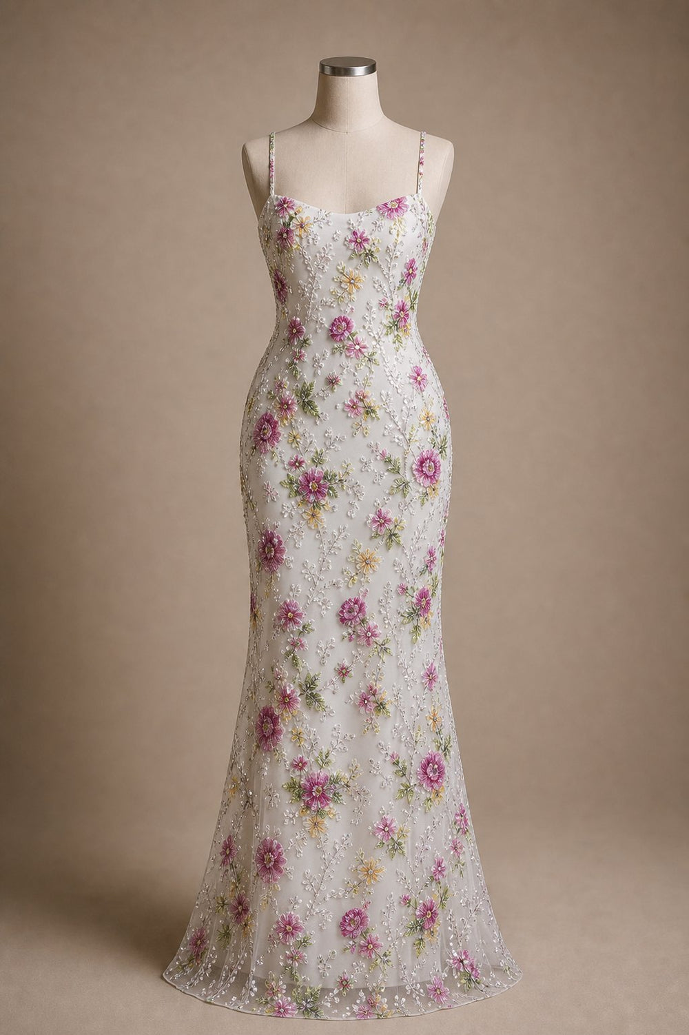 Wholesale floral embroidered sequin mermaid luxury dress front view for B2B buyers