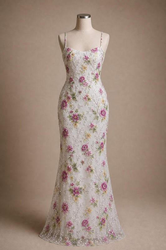Wholesale floral embroidered sequin mermaid luxury dress front view for B2B buyers