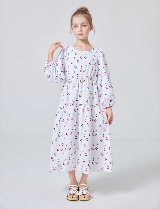 Ramadan Girls Loose & Casual Long Sleeve Allover Cherries Pattern Dress For Spring & Fall Daily Wear Pringbud Abaya Pringbud A MSL196