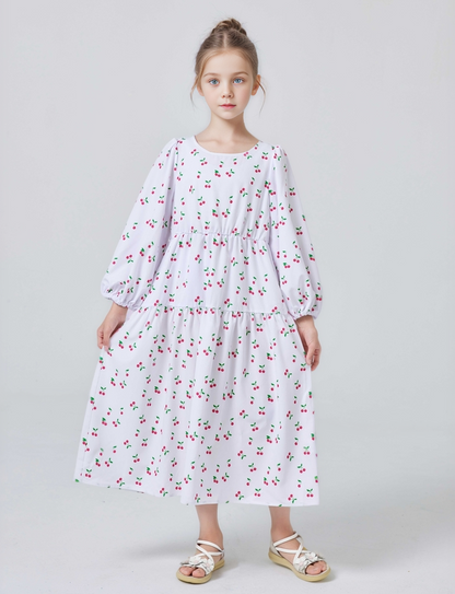 Ramadan Girls Loose & Casual Long Sleeve Allover Cherries Pattern Dress For Spring & Fall Daily Wear Pringbud Abaya Pringbud A MSL196