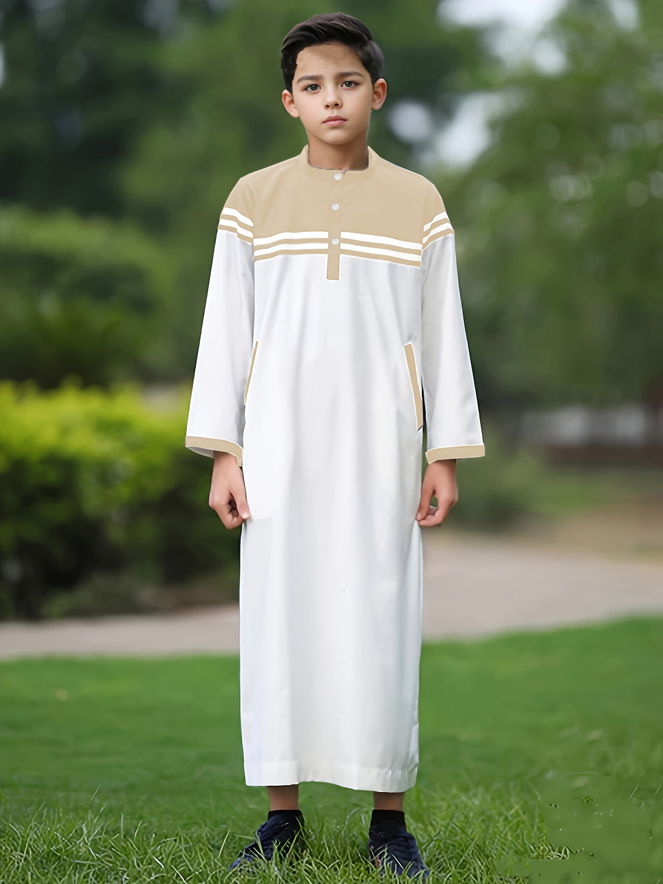 Ramadan Middle East Muslim Islam Kids Abaya Arab Dubai Turkiye Boys Thobe Solid Color Contrast Button Stripe Junior Boys Robe MSL140