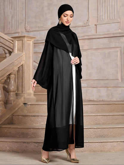 Elegant Solid Color Two Piece Set, Open Front Long Sleeve Mesh Modest Cover Up With Hijab, Women's Clothing MSL206