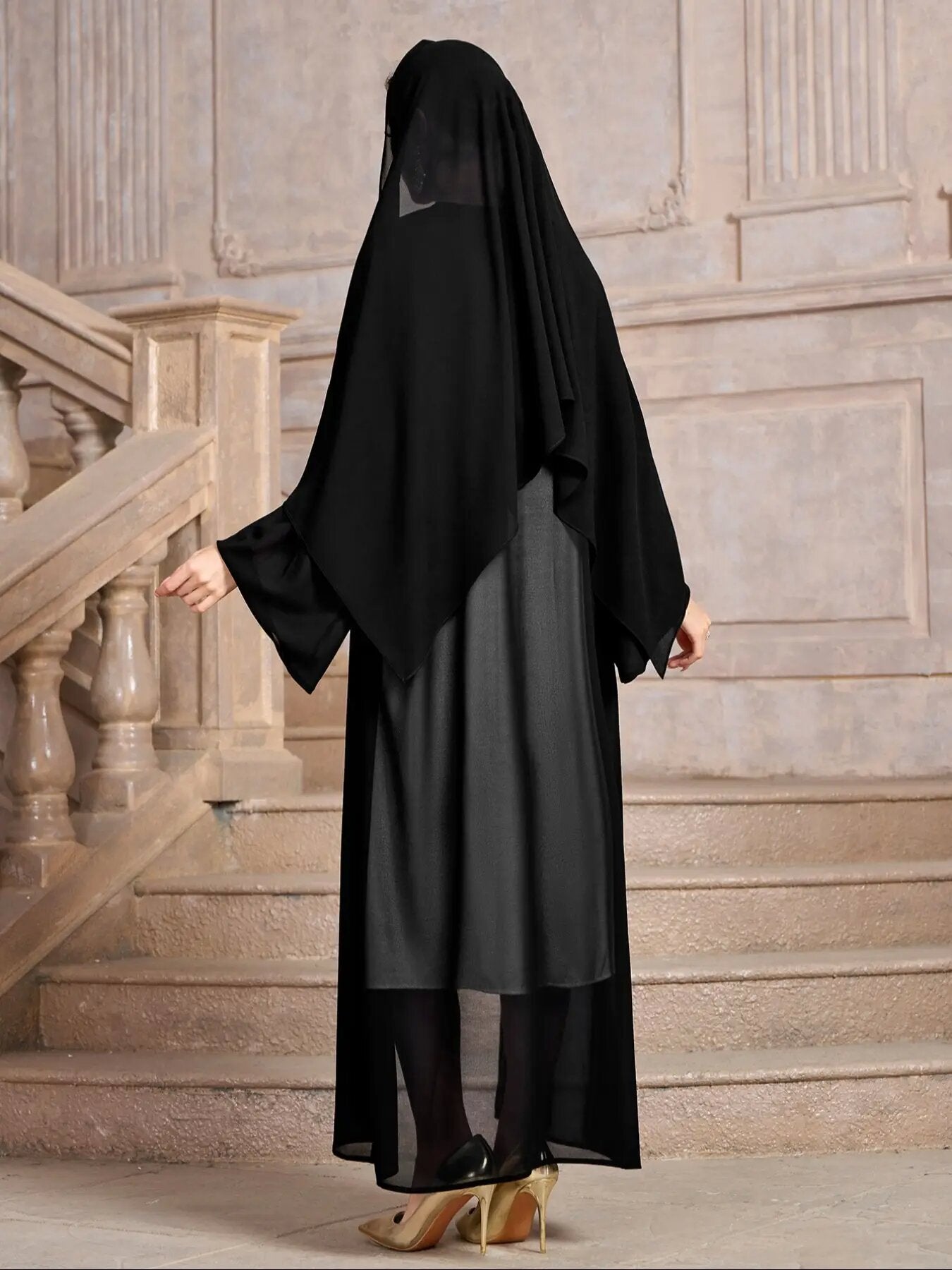 Elegant Solid Color Two Piece Set, Open Front Long Sleeve Mesh Modest Cover Up With Hijab, Women's Clothing MSL206