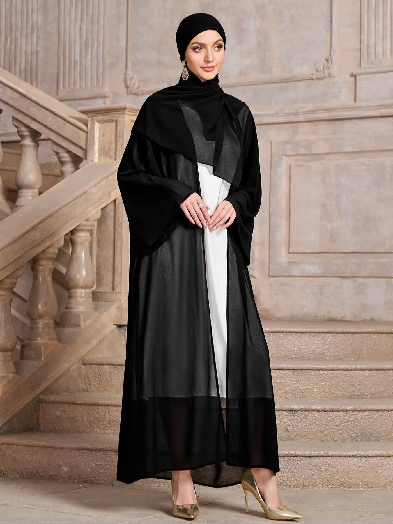 Elegant Solid Color Two Piece Set, Open Front Long Sleeve Mesh Modest Cover Up With Hijab, Women's Clothing MSL206