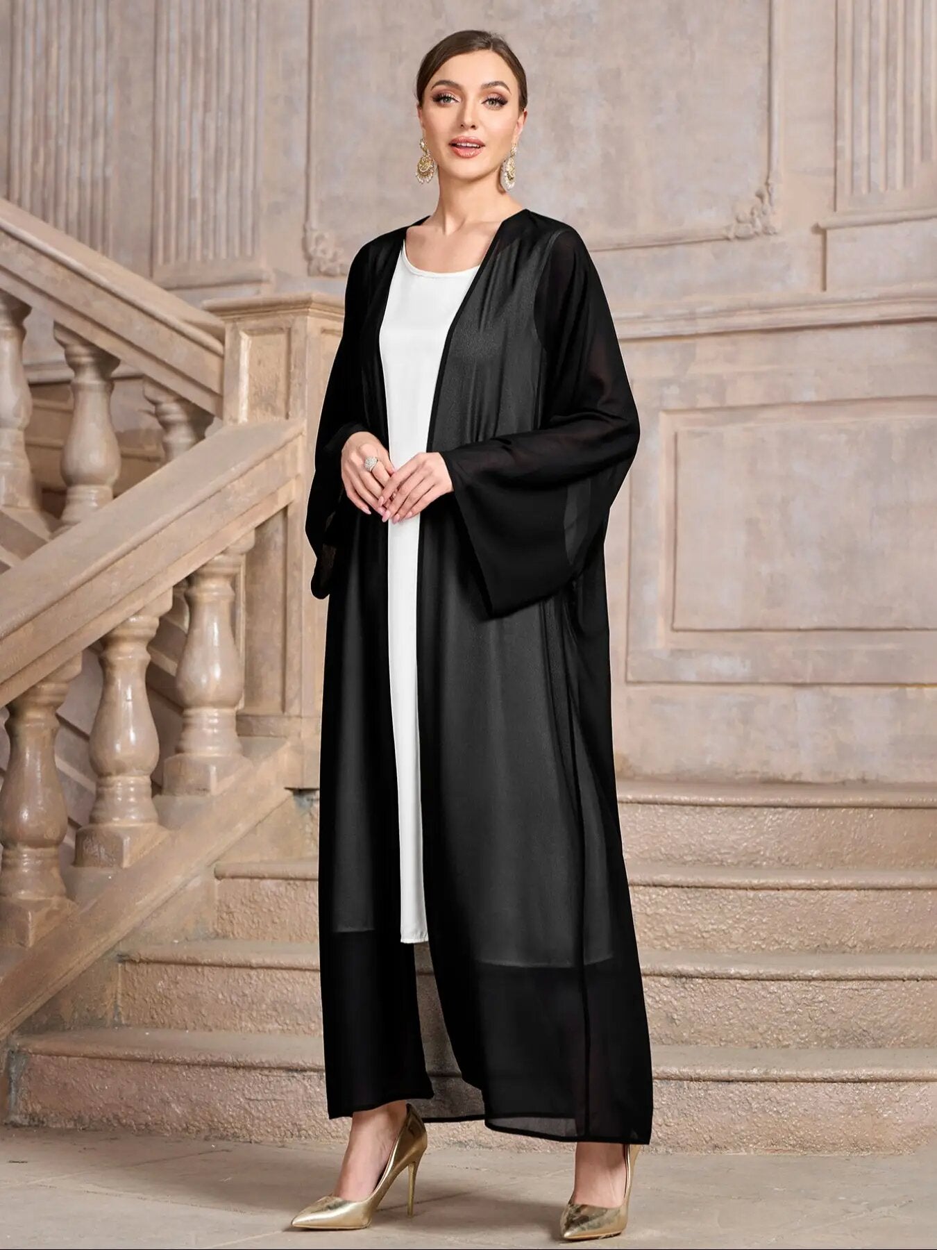 Elegant Solid Color Two Piece Set, Open Front Long Sleeve Mesh Modest Cover Up With Hijab, Women's Clothing MSL206