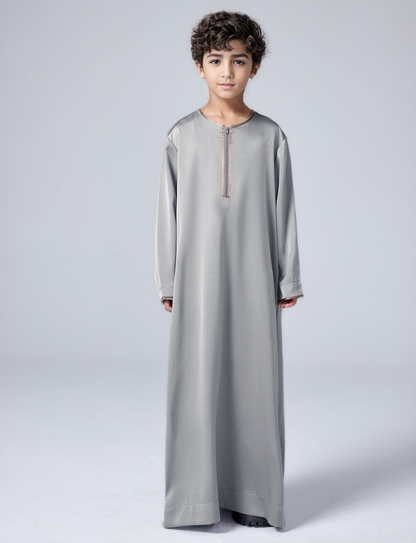 Ramadan Muslim Boys Satin Contrast Color Zipper Loose Thobe Robe MSL157