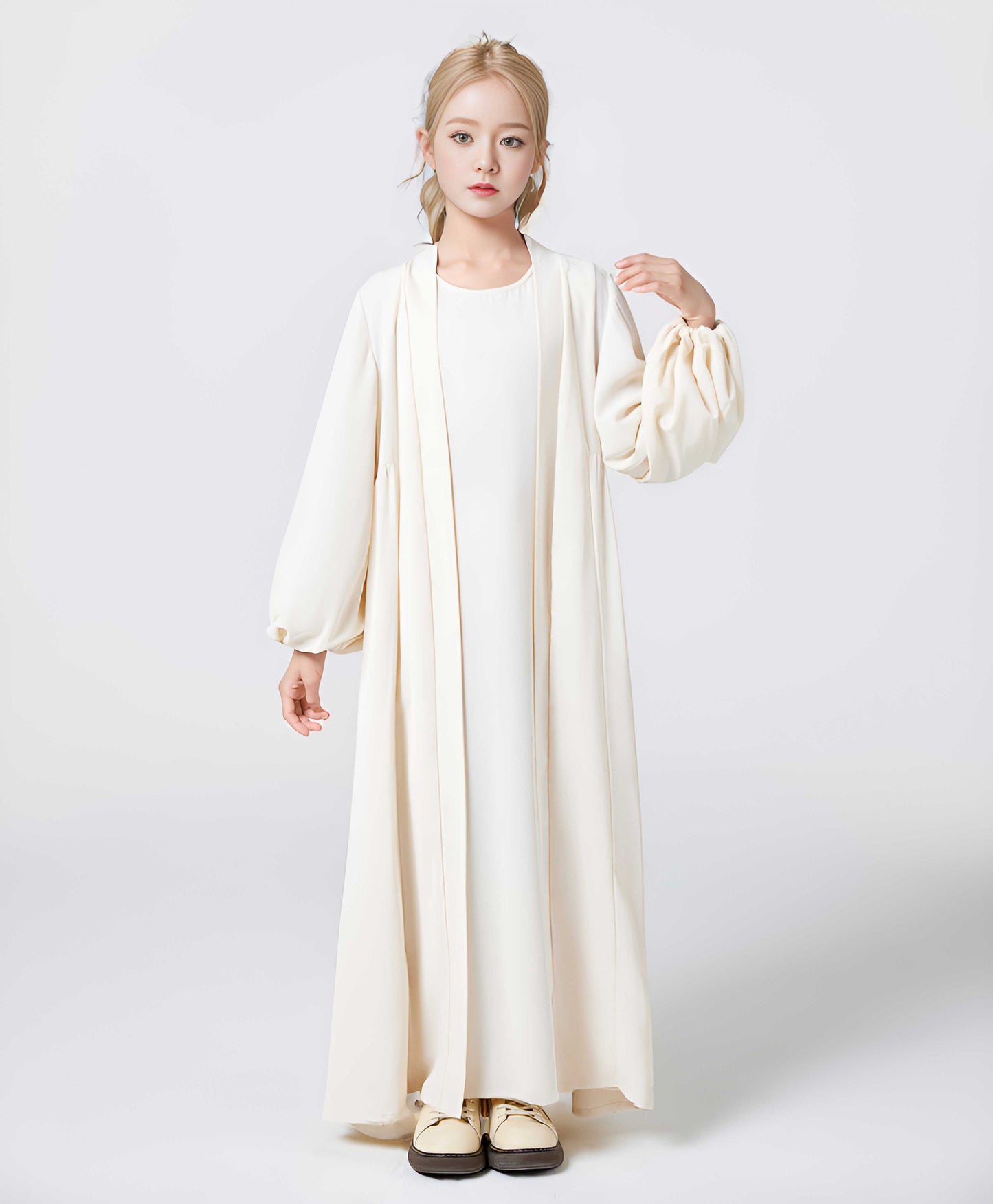 2-piece Girls Middle East Muslim Dubai Robe Lantern Sleeve Cardigan Coat Solid color sleeveless dress (skirt + coat, no hijab) MSL211