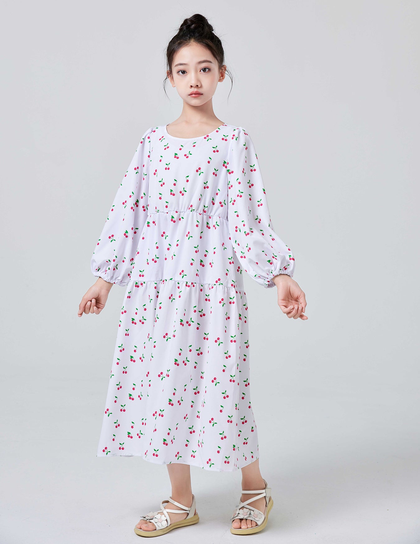 Ramadan Girls Loose & Casual Long Sleeve Allover Cherries Pattern Dress For Spring & Fall Daily Wear Pringbud Abaya Pringbud A MSL196