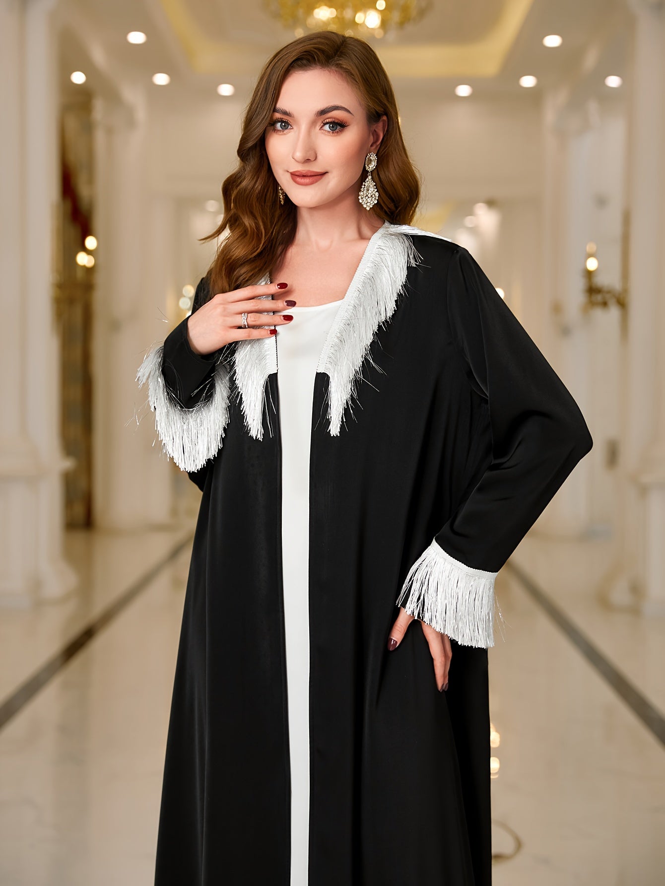 Ramadan Contrast Trim Fringe Hem Abayas, Elegant Long Sleeve Open Front Cover Up Outwear, Abaya Dubai Luxury Women's Clothing MSL104