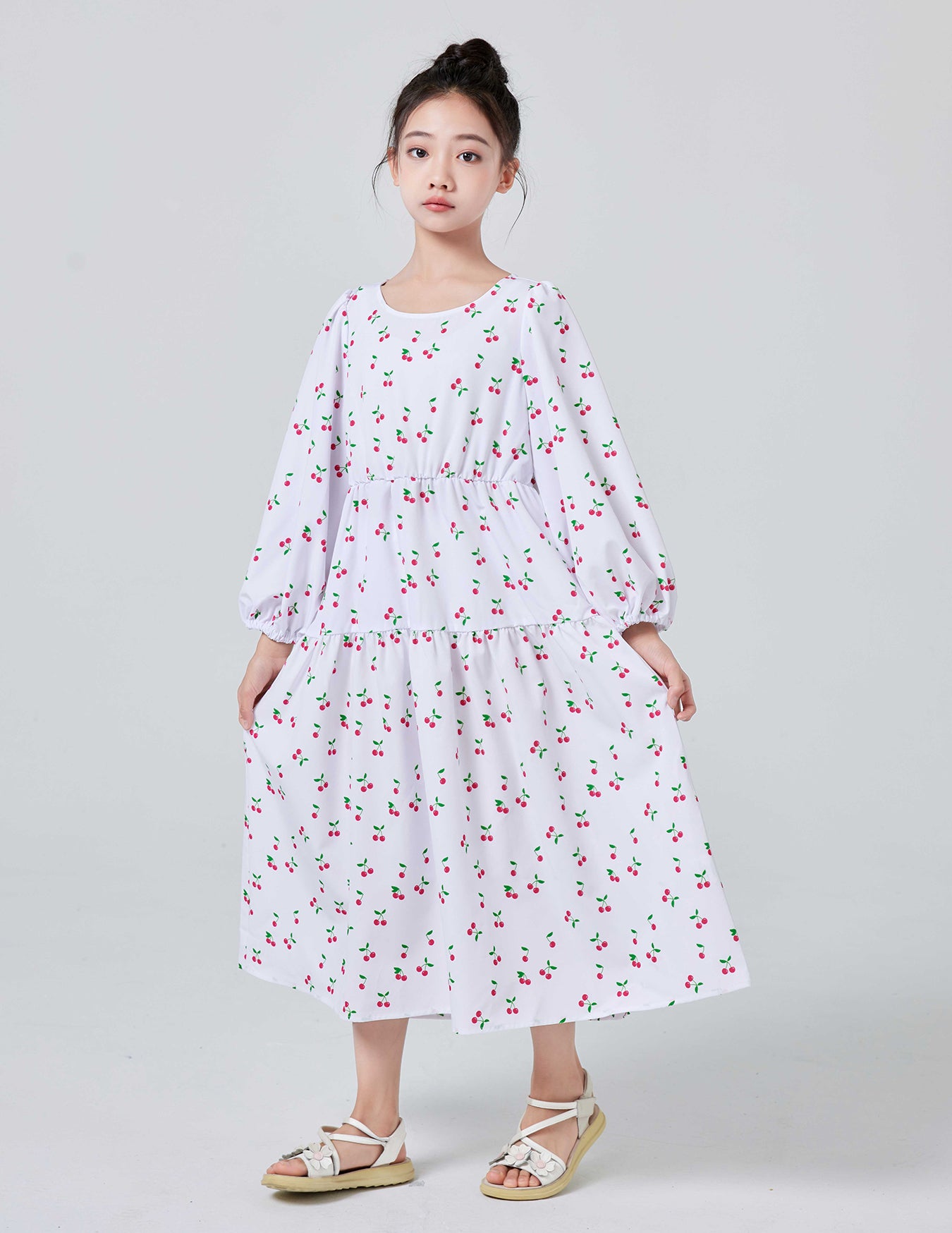 Ramadan Girls Loose & Casual Long Sleeve Allover Cherries Pattern Dress For Spring & Fall Daily Wear Pringbud Abaya Pringbud A MSL196