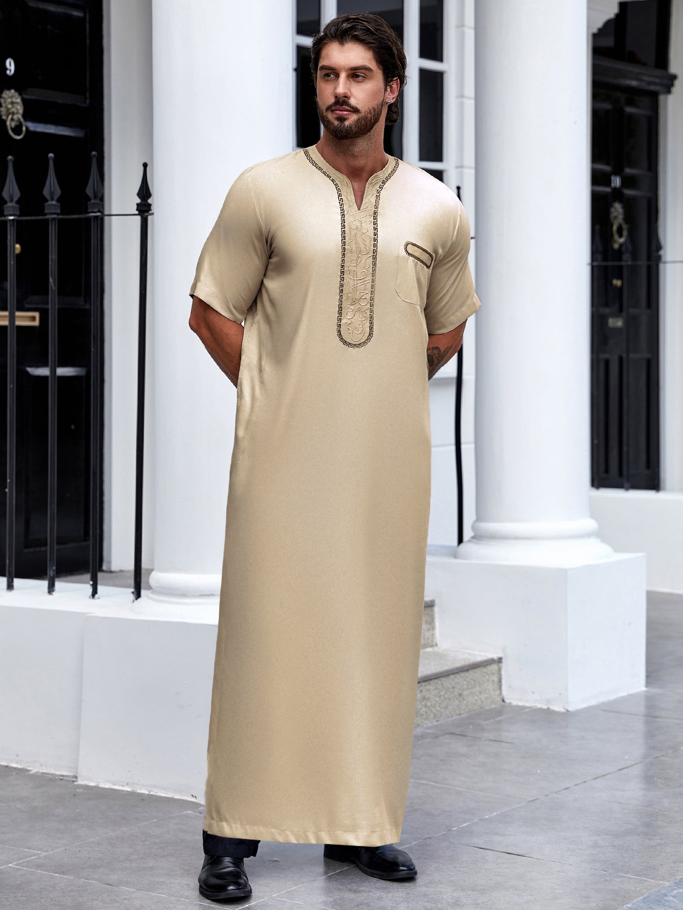 Ramadan Islam Muslim Men Clothing Abaya Embroidered Short Sleeve Robe, Middle Eastern Arab Dubai Style Traditional Shirt Thobe 188-2