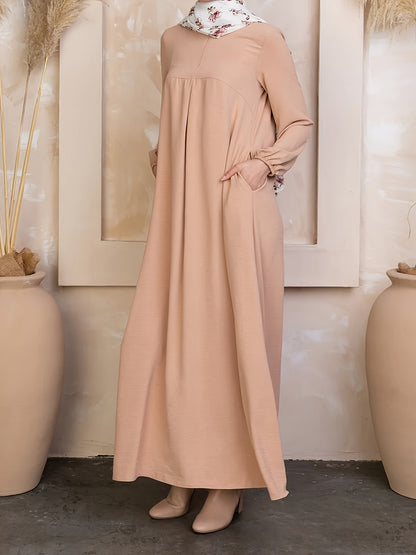 Ramadan Muslim Solid Long Sleeve Abaya Kaftan, Elegant Maxi Length Dress, Islam Dubai Kebaya, Women's Clothing MSL154