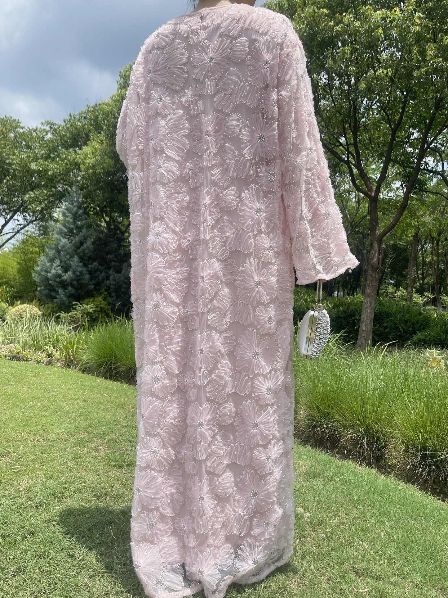 Wholesale Mesh Flower Bead Embroidered Open Abaya Set MSL881 - OEM ODM Modest Wear Factory