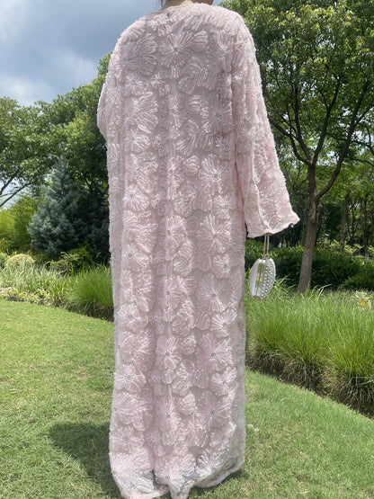 Wholesale Mesh Flower Bead Embroidered Open Abaya Set MSL881 - OEM ODM Modest Wear Factory