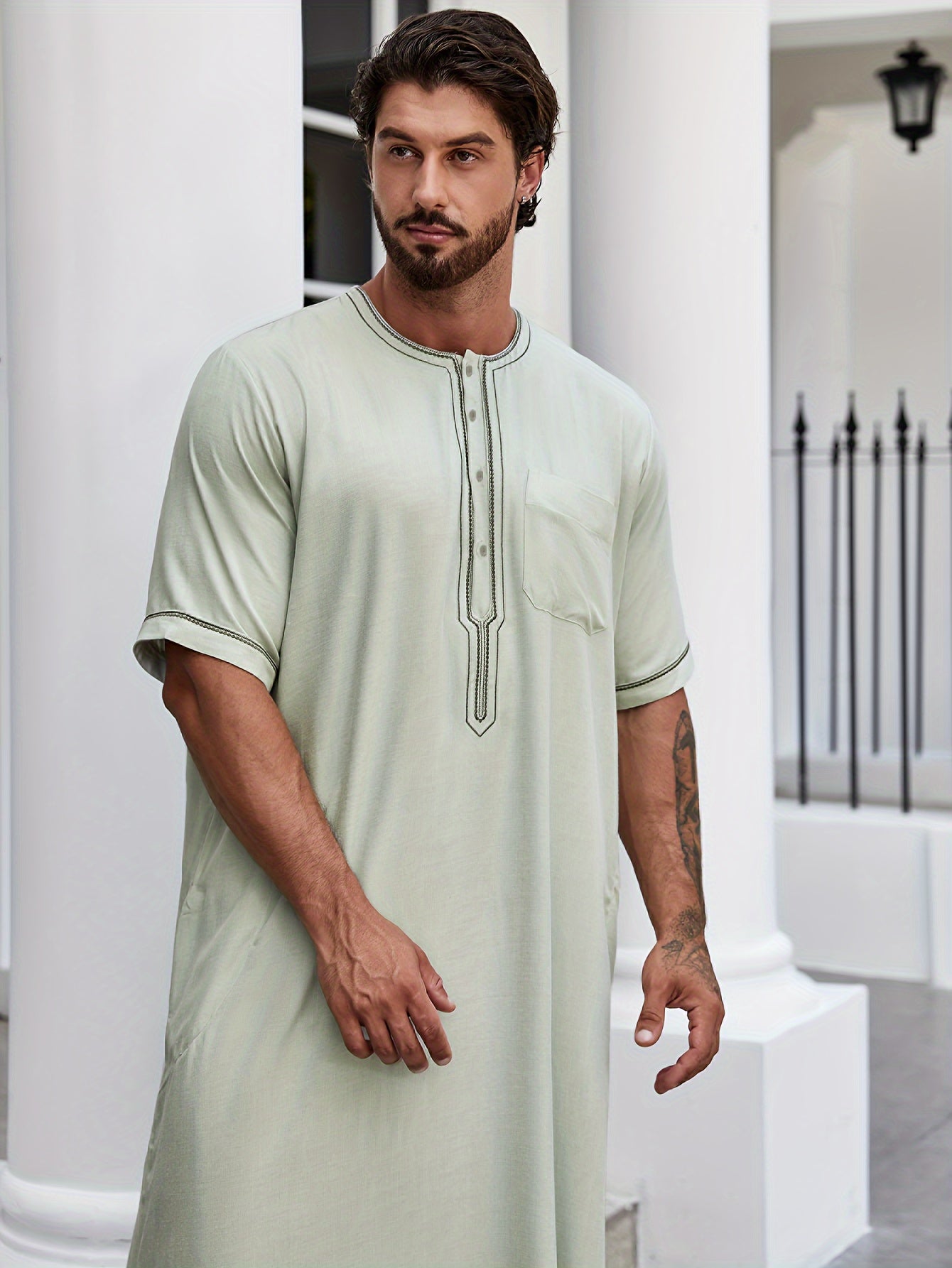 muslim dress for men Ramadan Men's Muslim Dresses Long Sleeve Henley Shirts With Pocket Kaf – PRINGBUD ISLAMIC CLOTHING